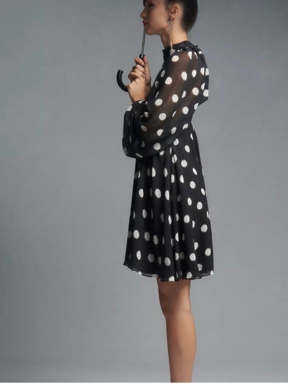 Maeve by Anthropologie Black White Knee Length Polka Dot Bow Tie Up Dress (XS) - Picture 2 of 7